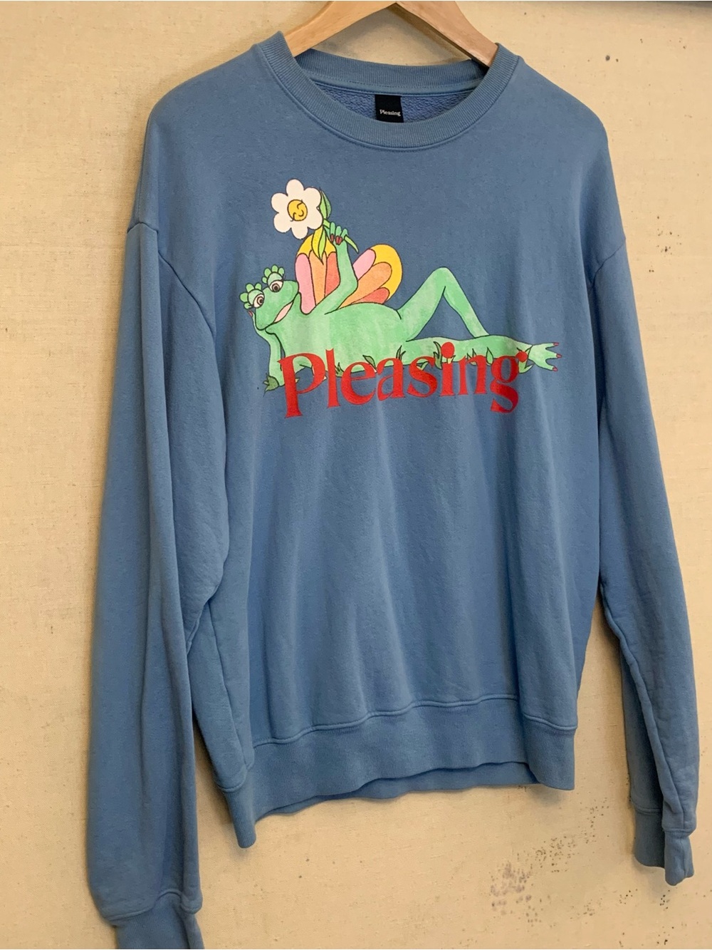 Pleasing “Shroom Bloom” Blue Frog Graphic Crewneck Sweatshirt, Unisex Size M